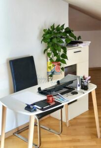 desk with a graphic tablet and green plant