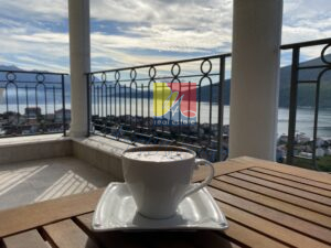 cup of coffee on the terrace with a sea view
